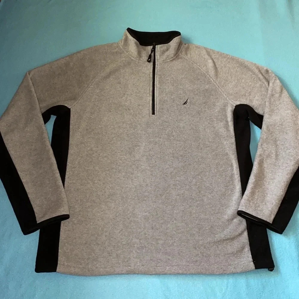 NAUTICA fleece pullover long sleeve 1/4 zip collar gray black NEW size 2XL